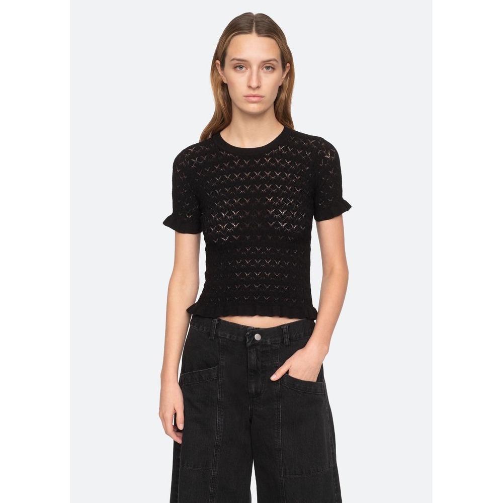 Sea New York Rue Short Sleeve Sweater Black Pointelle Knit Ruffle Top XS